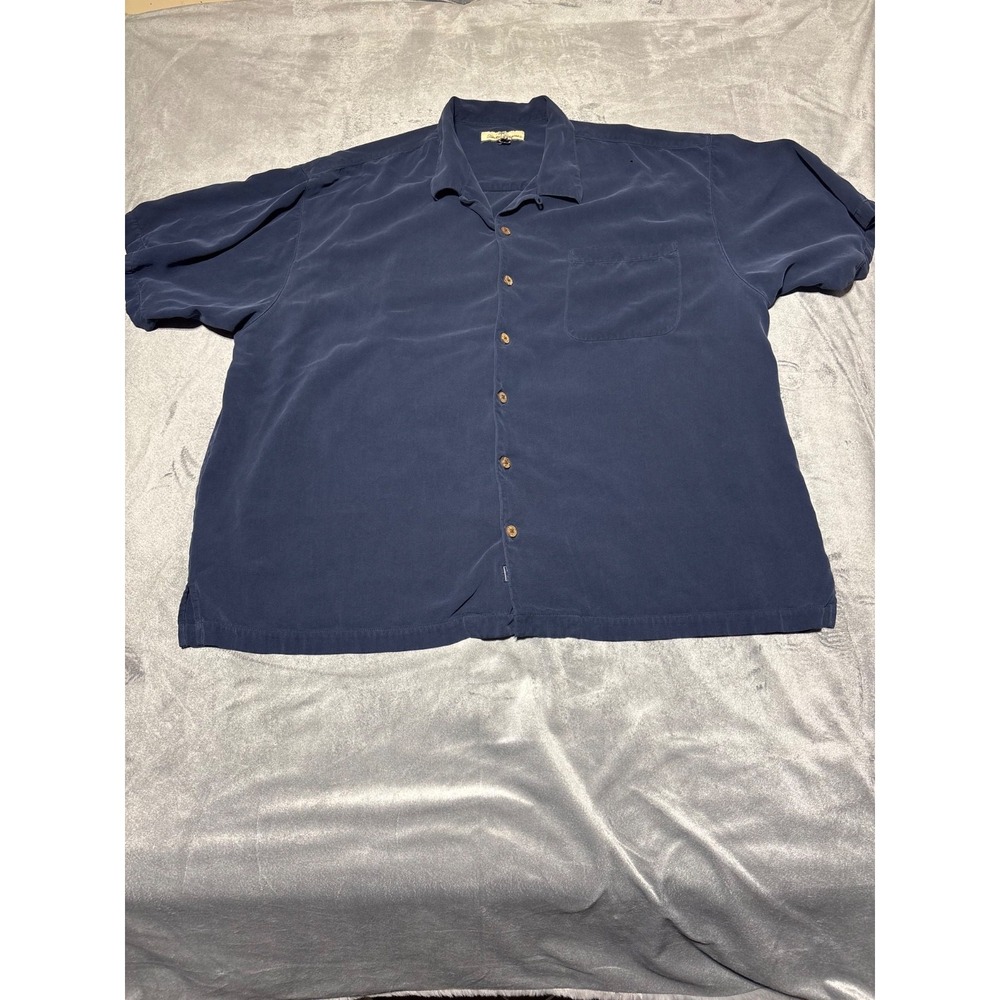 Tommy Bahama Men Size XXL Blue Short Sleeve Wood Button Front 100% Silk Shirt